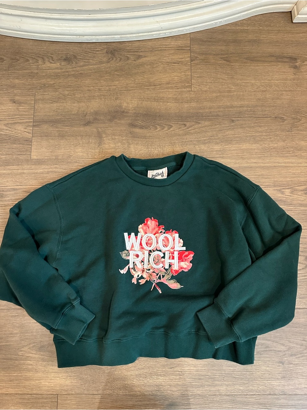 Woolrich Forest Green Crewneck with Pink Floral Logo